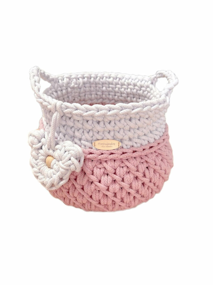 Koszyczek organizer do pokoju dziecięcego ręcznie pleciony - Dzbanek biel + róż