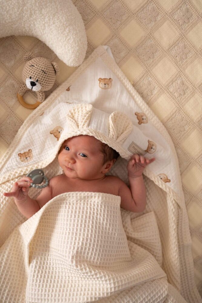 Asciugamano a nido d'ape per bambini e neonati Orsetto con orecchie lunghe - latteo