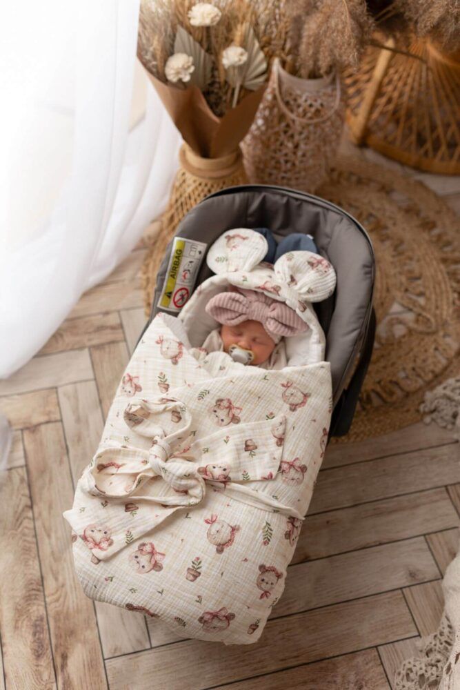 Premium Muslin Seat Cover Teddy Bear with Bow