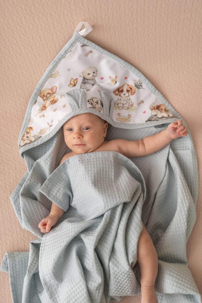 Ręcznik wafelkowy dla dzieci i niemowląt pieskowe figle - szałwia