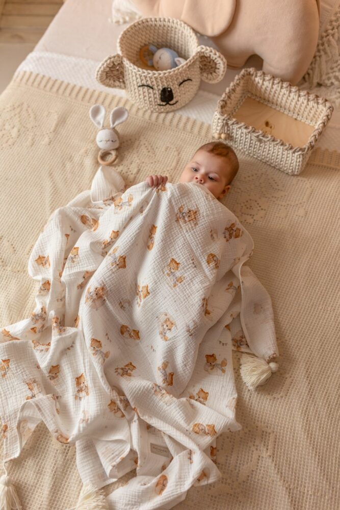 Otulacz muślinowy dla niemowląt (dwuwarstwowy) / jednostronny z chwostami Liski