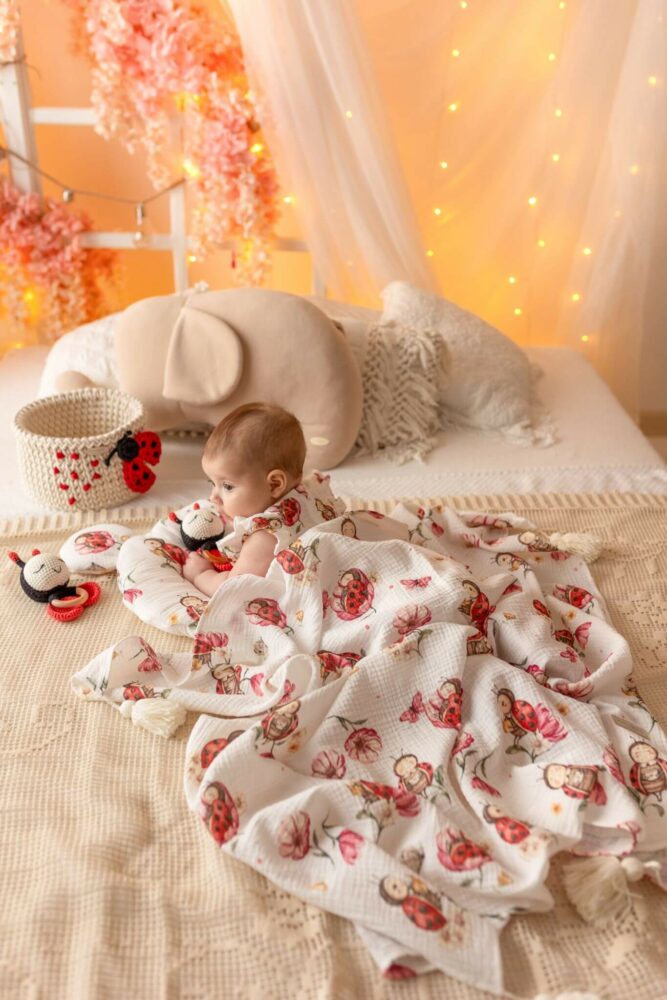 Fascia per neonati in mussola (a due strati) / monofacciale con nappe a forma di coccinella