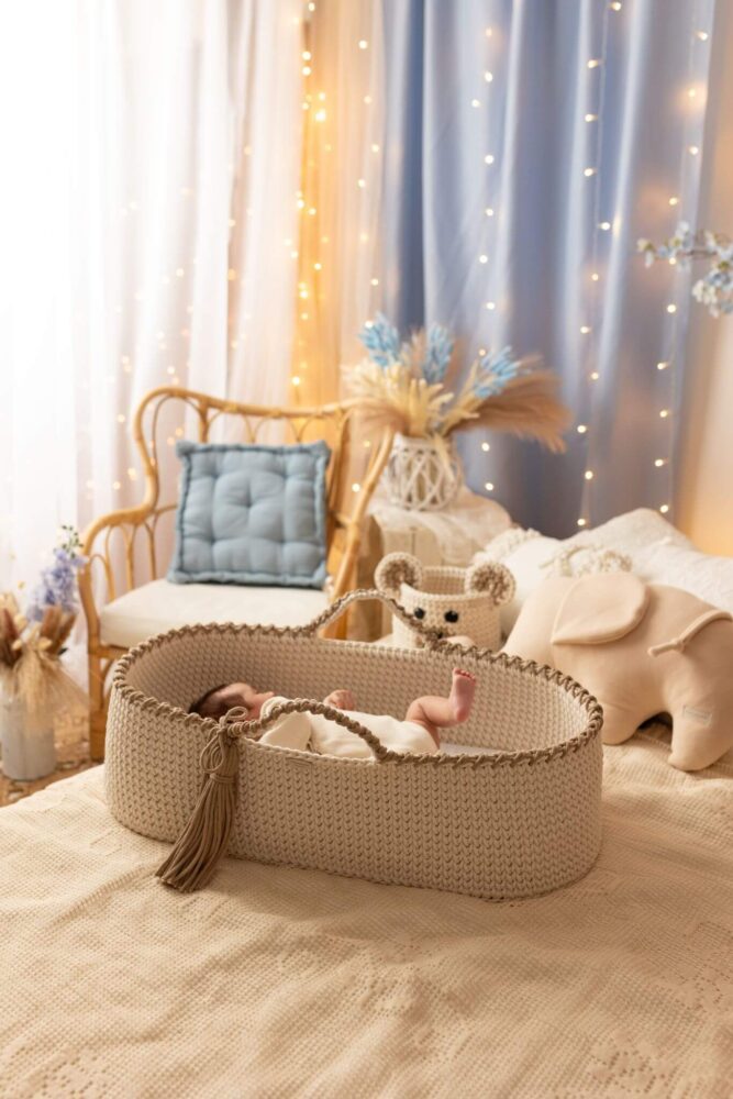 Kosz Mojżesza naturalny/latte z materacem + stojak