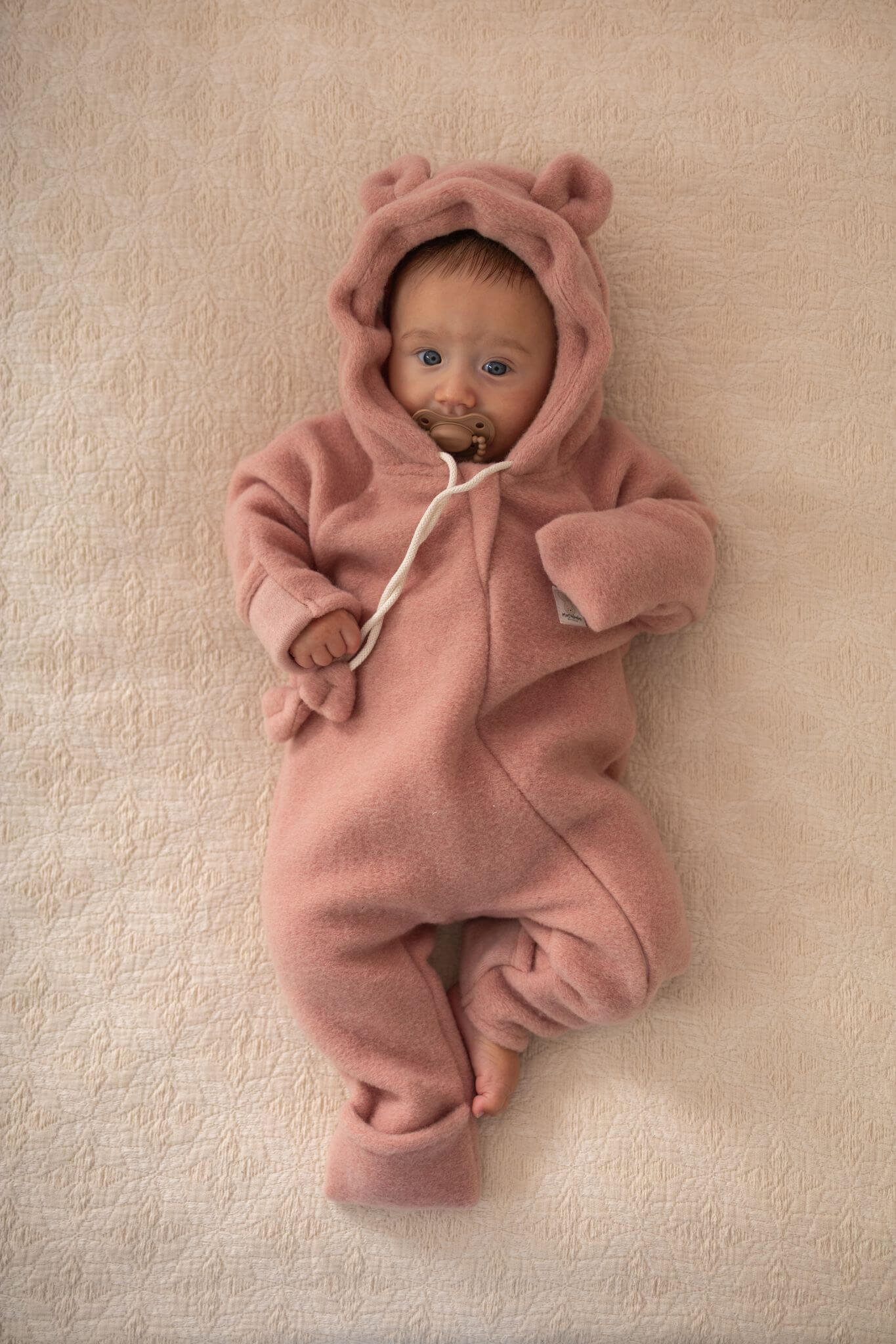 Baby Merino Wool Jumpsuit, Pink Fall/Winter with Fold-Over Paws