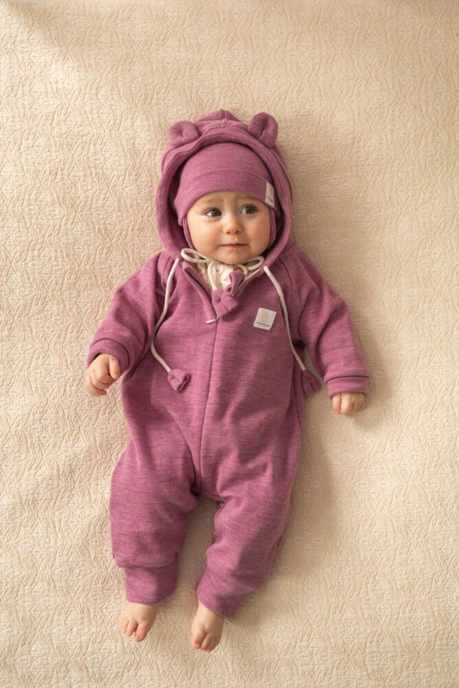 Kombinezon niemowlęcy z Wełny Merino wiosenno-letni wrzosowy róż