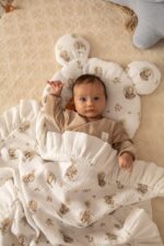 Copertina in mussola per neonati (quattro strati) / fascia double-face con volant Elefanti