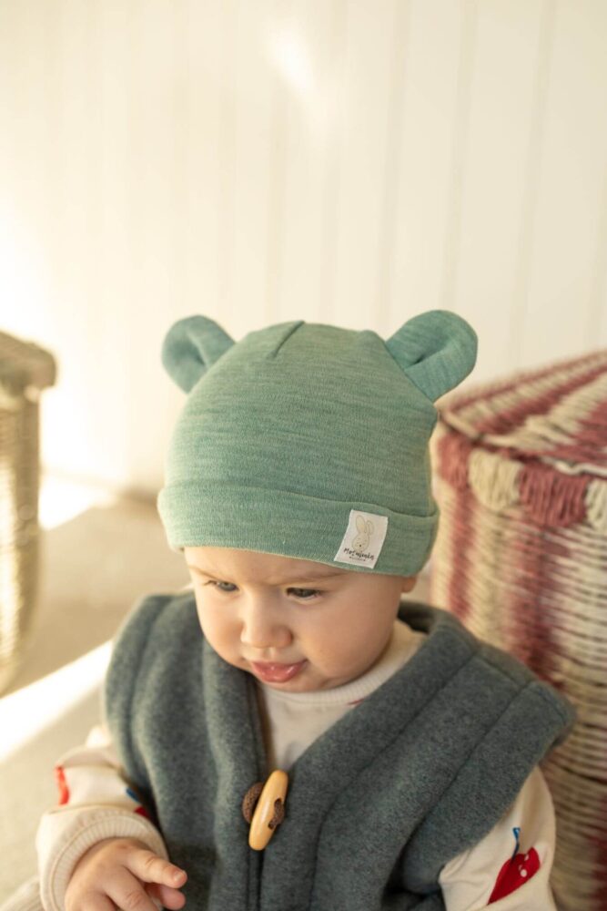 Czapeczka Wełna Merino całoroczna dla dzieci i niemowląt - pastelowa zieleń